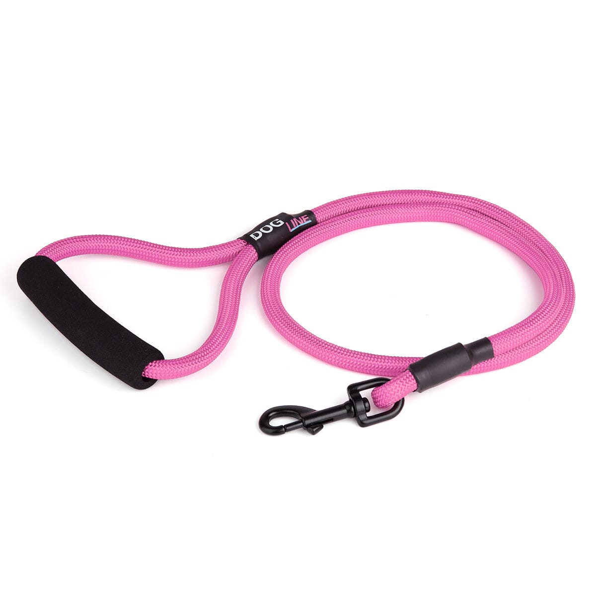 Pink nylon dog leash with black snap hook and padded neoprene handle, round rope design, 4 ft long