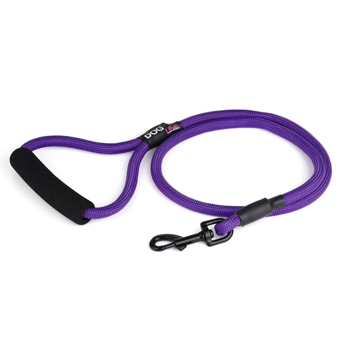 Purple nylon dog leash with black snap hook and padded neoprene handle, round rope design, 4 ft long