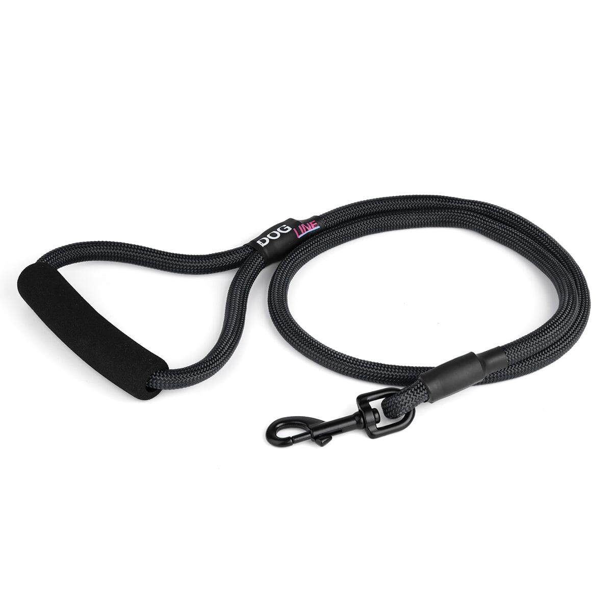 Black nylon dog leash with black snap hook and padded neoprene handle, round rope design, 4 ft long