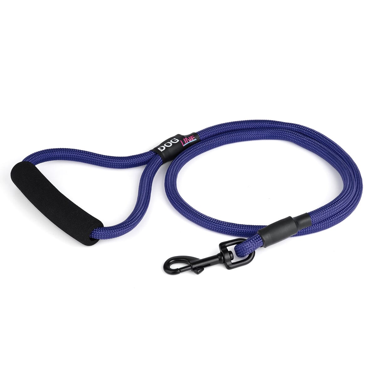 Navy blue nylon dog leash with black snap hook and padded neoprene handle, round rope design, 4 ft long
