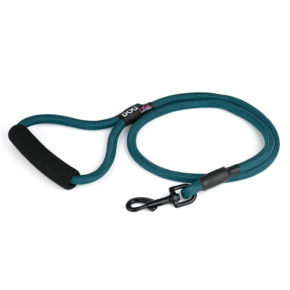 Teal nylon dog leash with black snap hook and padded neoprene handle, round rope design, 4 ft long