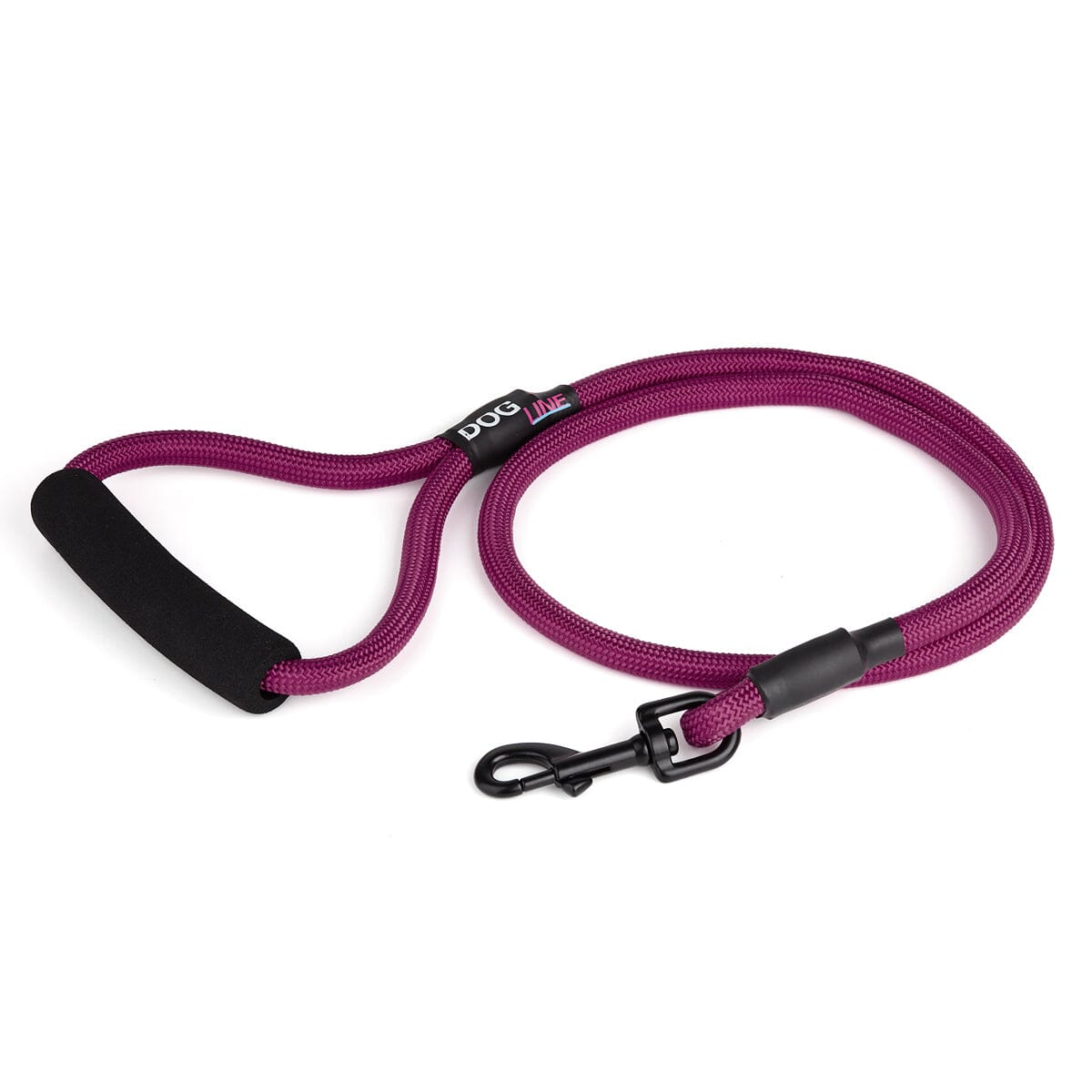 Burgundy nylon dog leash with black snap hook and padded neoprene handle, round rope design, 4 ft long