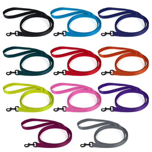 Flat nylon leash for dogs with black snap hook, 11 different colors