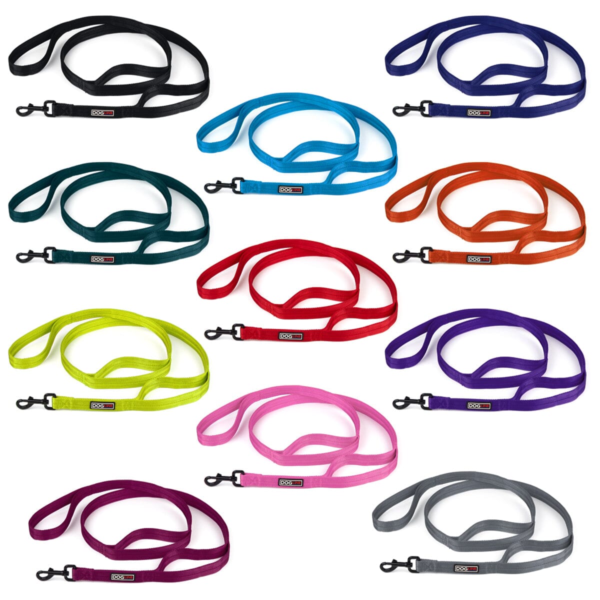 Nylon multi-handle leash for dogs with black snap hook, 11 different colors