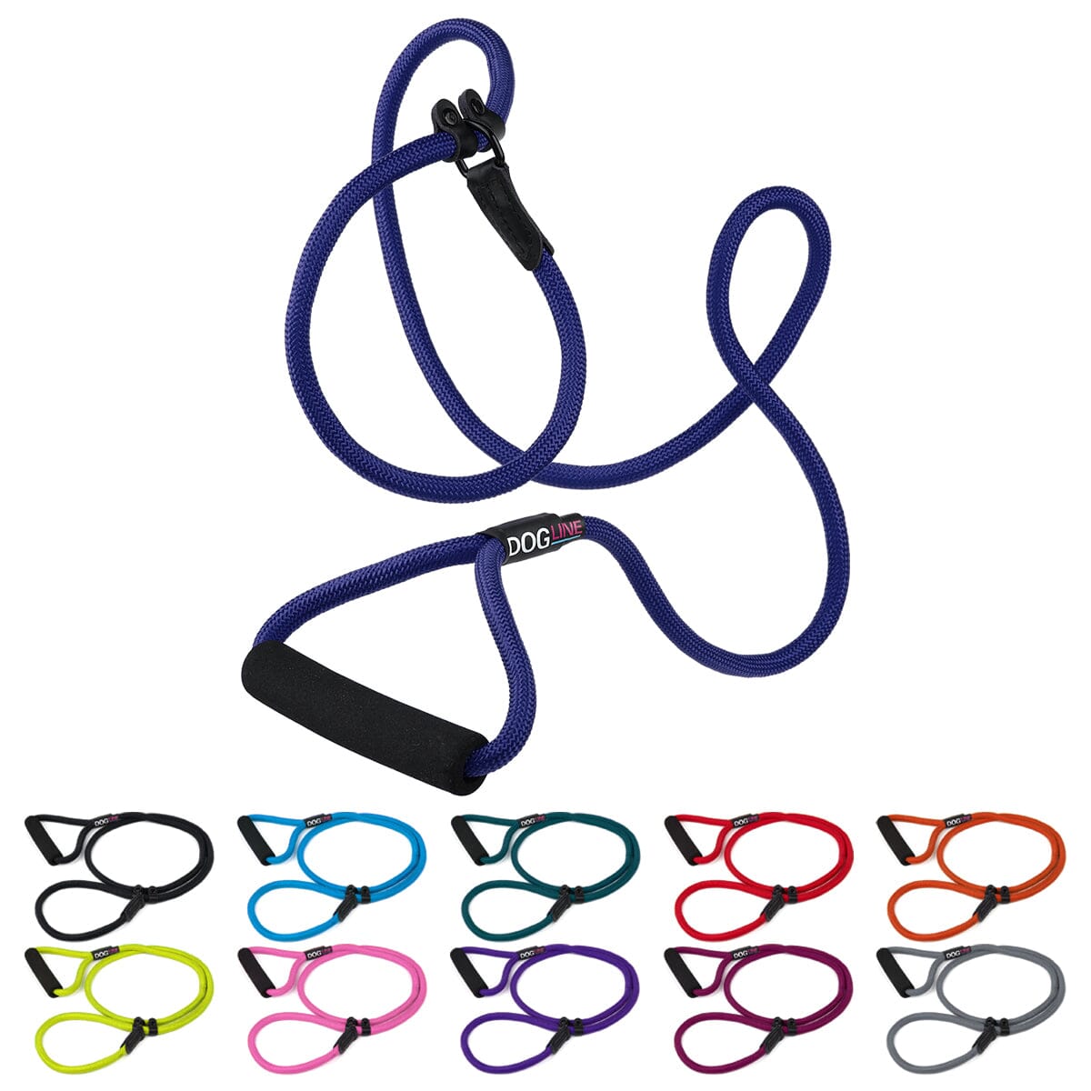 Nylon slip lead for dogs with padded handle, navy blue and 10 other color options, round design