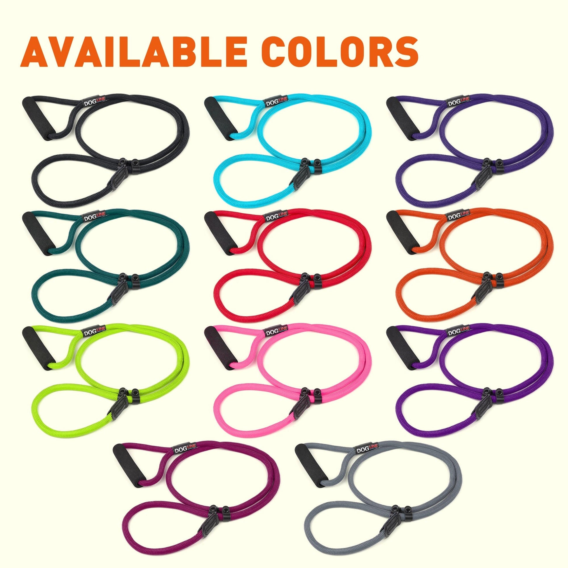 Nylon slip leads for dogs with padded handle, round design, 11 colors