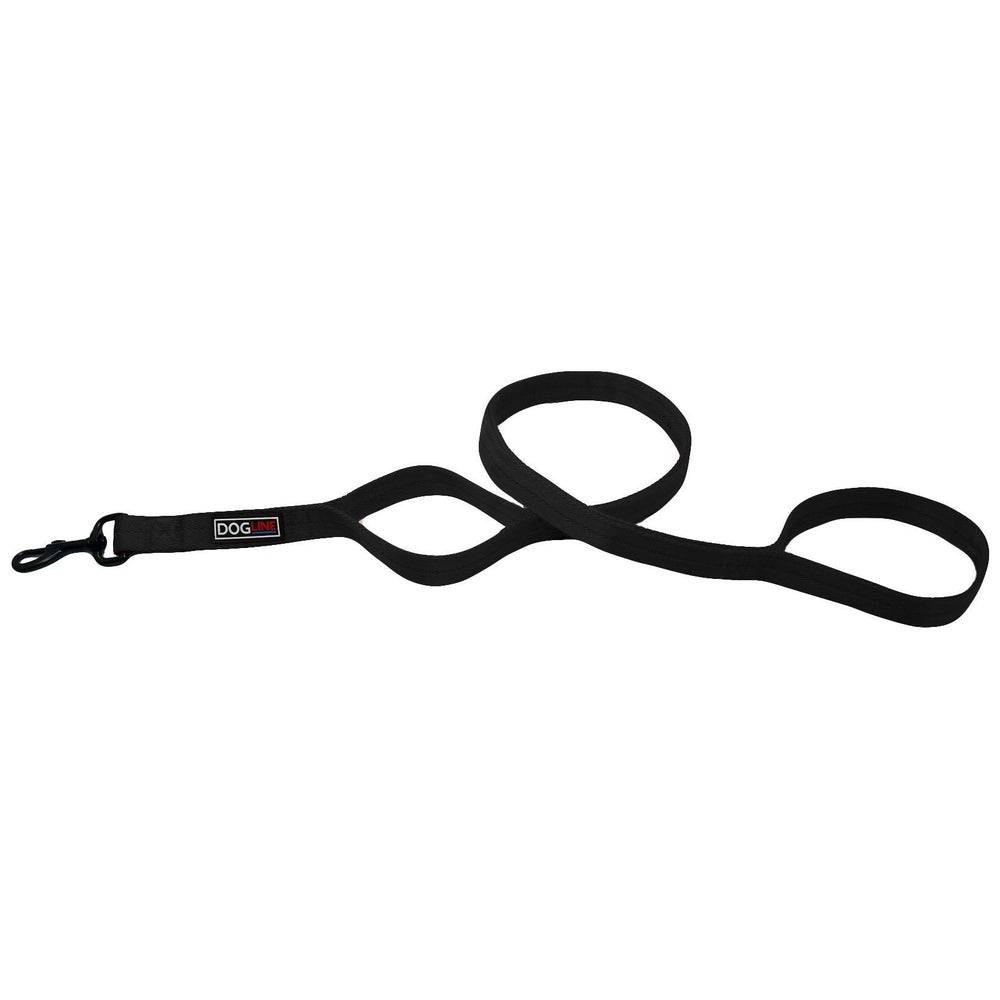 Black nylon dog leash with additional traffic handle and black snap hook