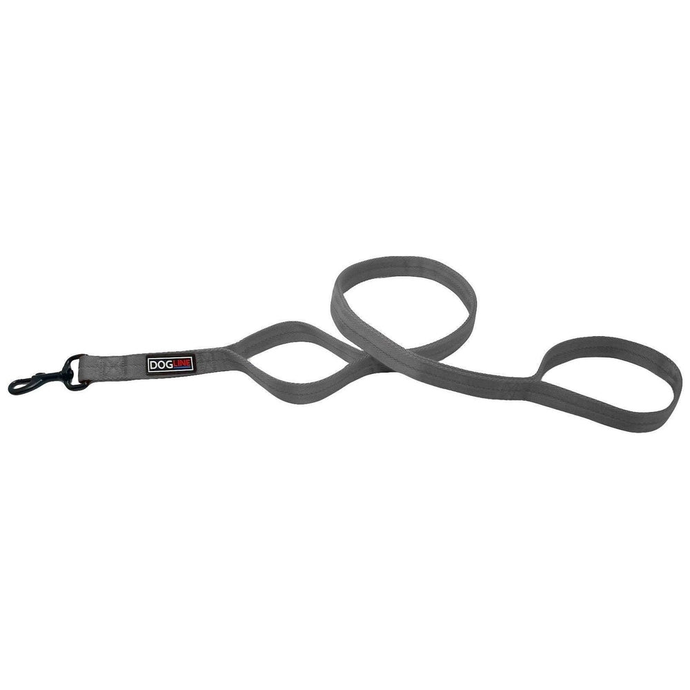 Gray nylon dog leash with additional traffic handle and black snap hook