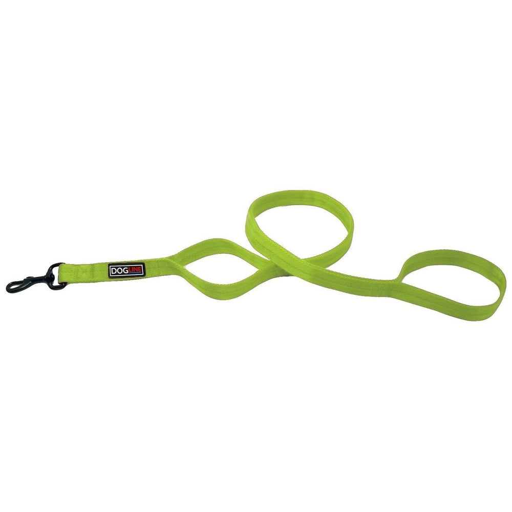 Lime green nylon dog leash with additional traffic handle and black snap hook