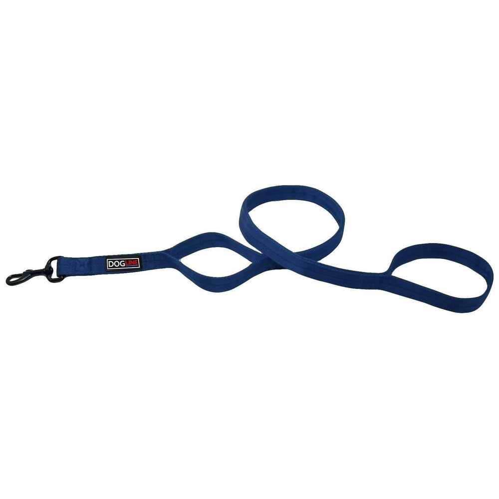 Navy blue nylon dog leash with additional traffic handle and black snap hook