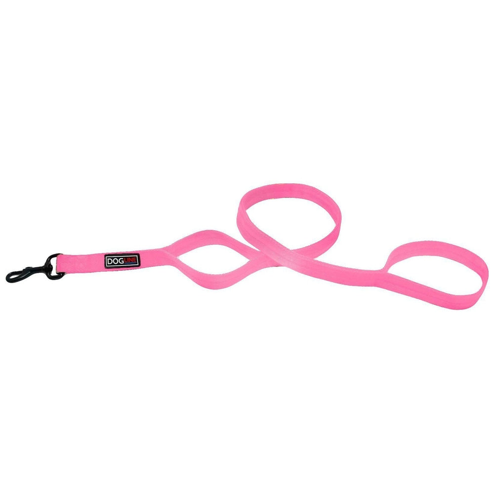 Pink nylon dog leash with additional traffic handle and black snap hook