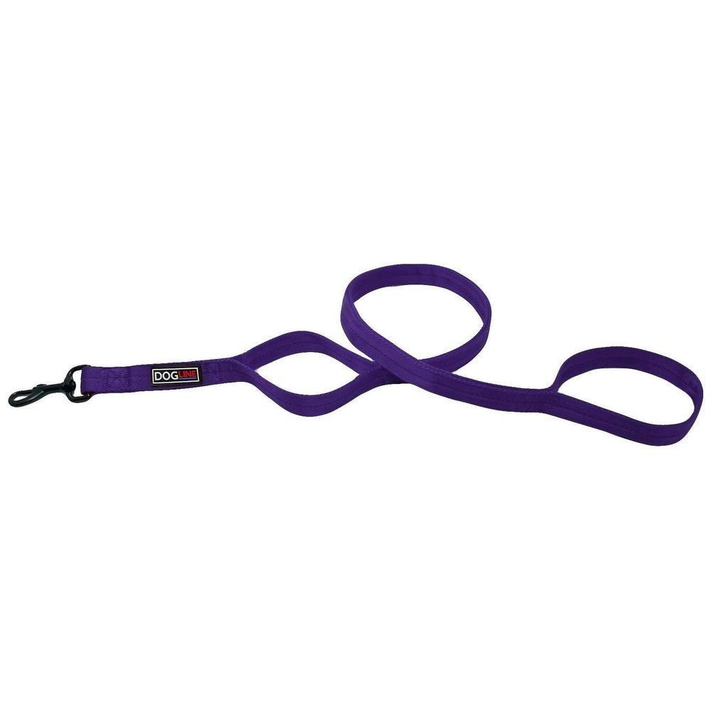 Purple nylon dog leash with additional traffic handle and black snap hook