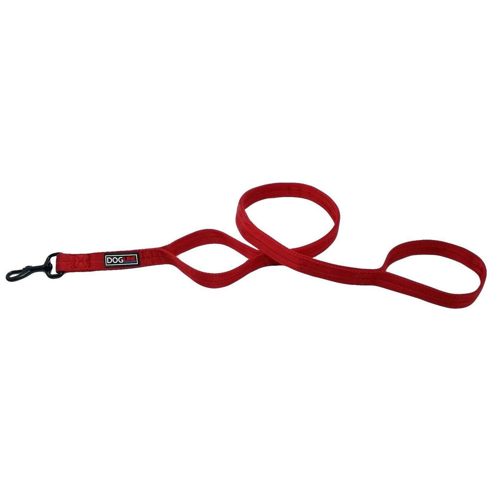Red nylon dog leash with additional traffic handle and black snap hook