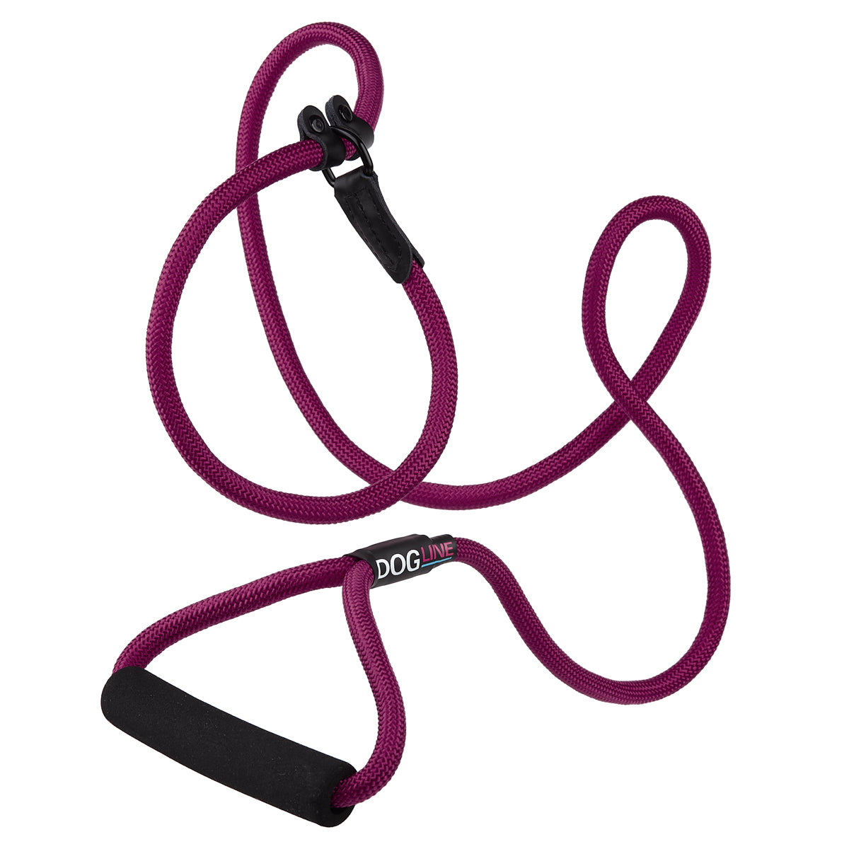Burgundy nylon slip lead with padded neoprene handle, 1/2 inches wide, round rope design