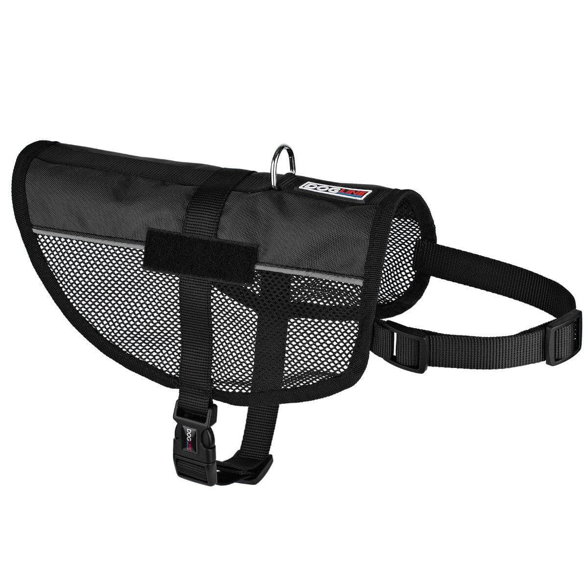 A display of a black Breathable mesh air vest for dogs, ideal for warm weather walks