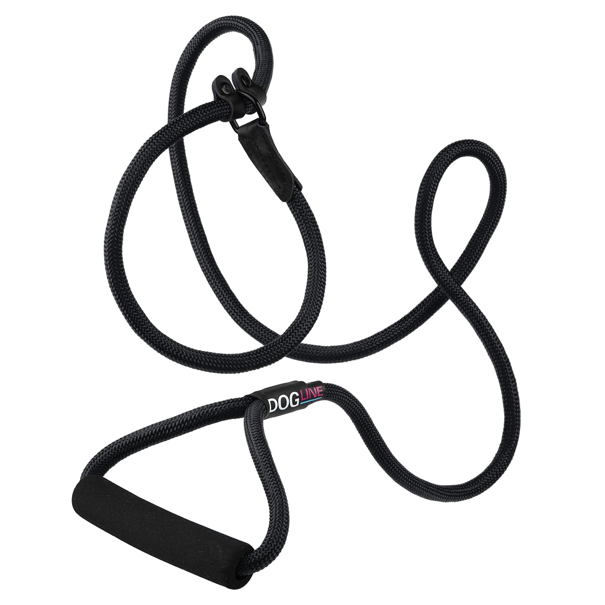 Black nylon slip lead with padded neoprene handle, 1/2 inches wide, round rope design