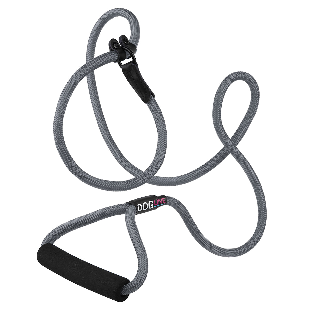 Gray nylon slip lead with padded neoprene handle, 1/2 inches wide, round rope design