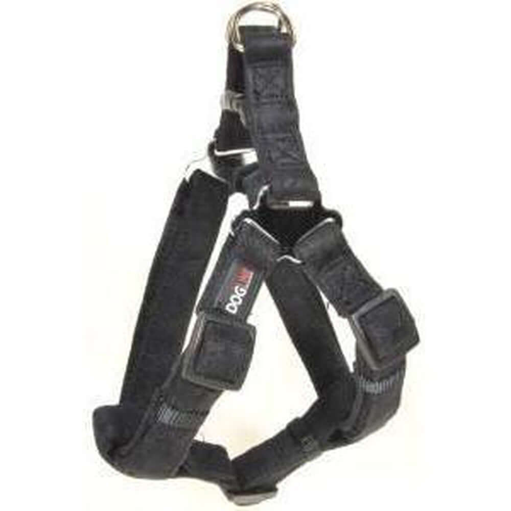 Black dog harness with quick release buckle, made from soft microfiber, step-in, flat design