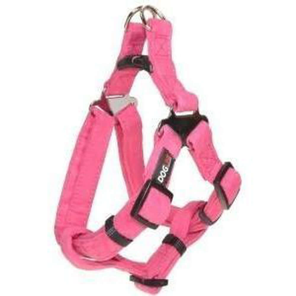 Pink dog harness with quick release buckle, made from soft microfiber, step-in, flat design