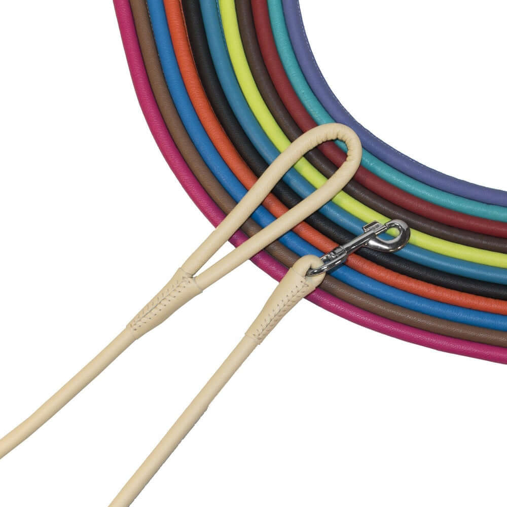 Soft leather round dog lead with comfortable grip and durable construction for everyday walking