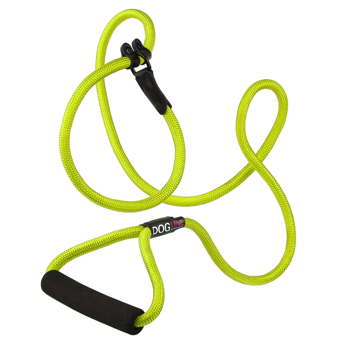 Lime green nylon slip lead with padded neoprene handle, 1/2 inches wide, round rope design