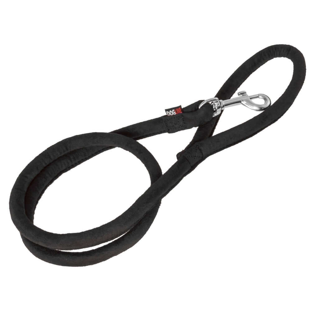 Black dog leash with metal snap hook, round design, made from microfiber