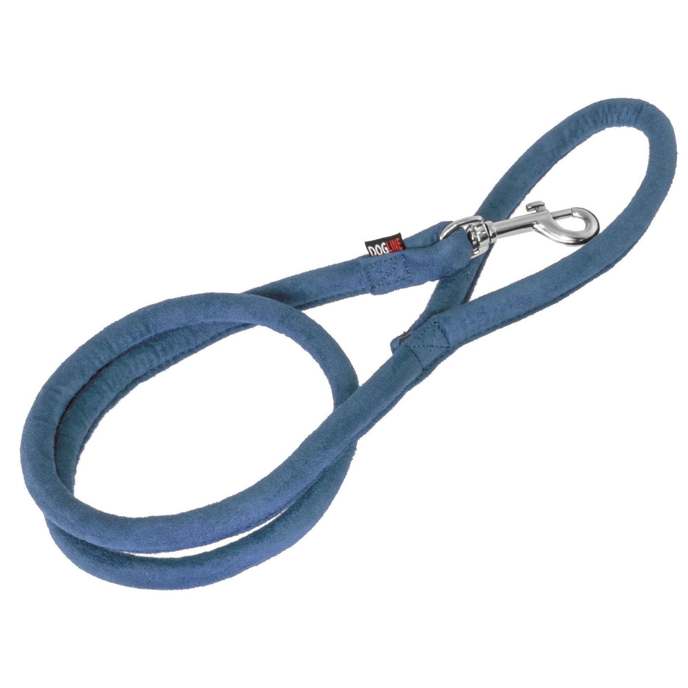 Blue microfiber dog leash with metal snap hook, round design