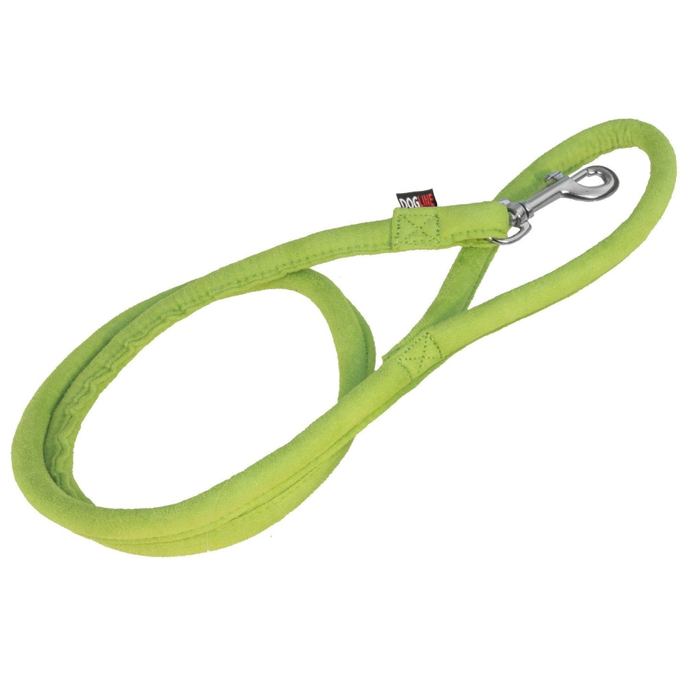 Lime green microfiber dog leash with metal snap hook, round design