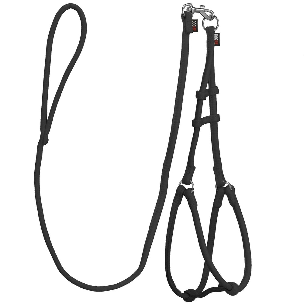 Black dog harness and dog leash set with metal hardware, made from soft microfiber, round design