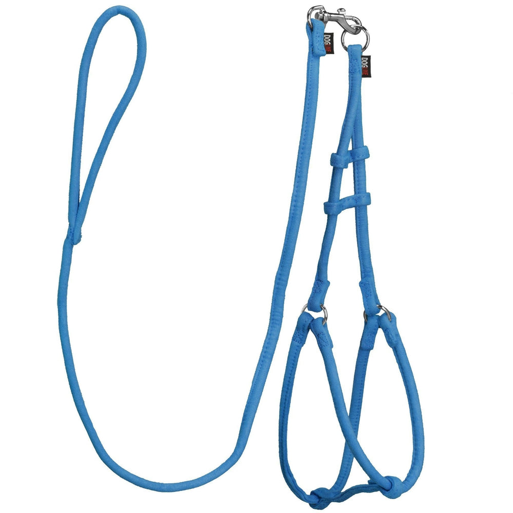 Blue dog harness and dog leash set with metal hardware, made from soft microfiber, round design