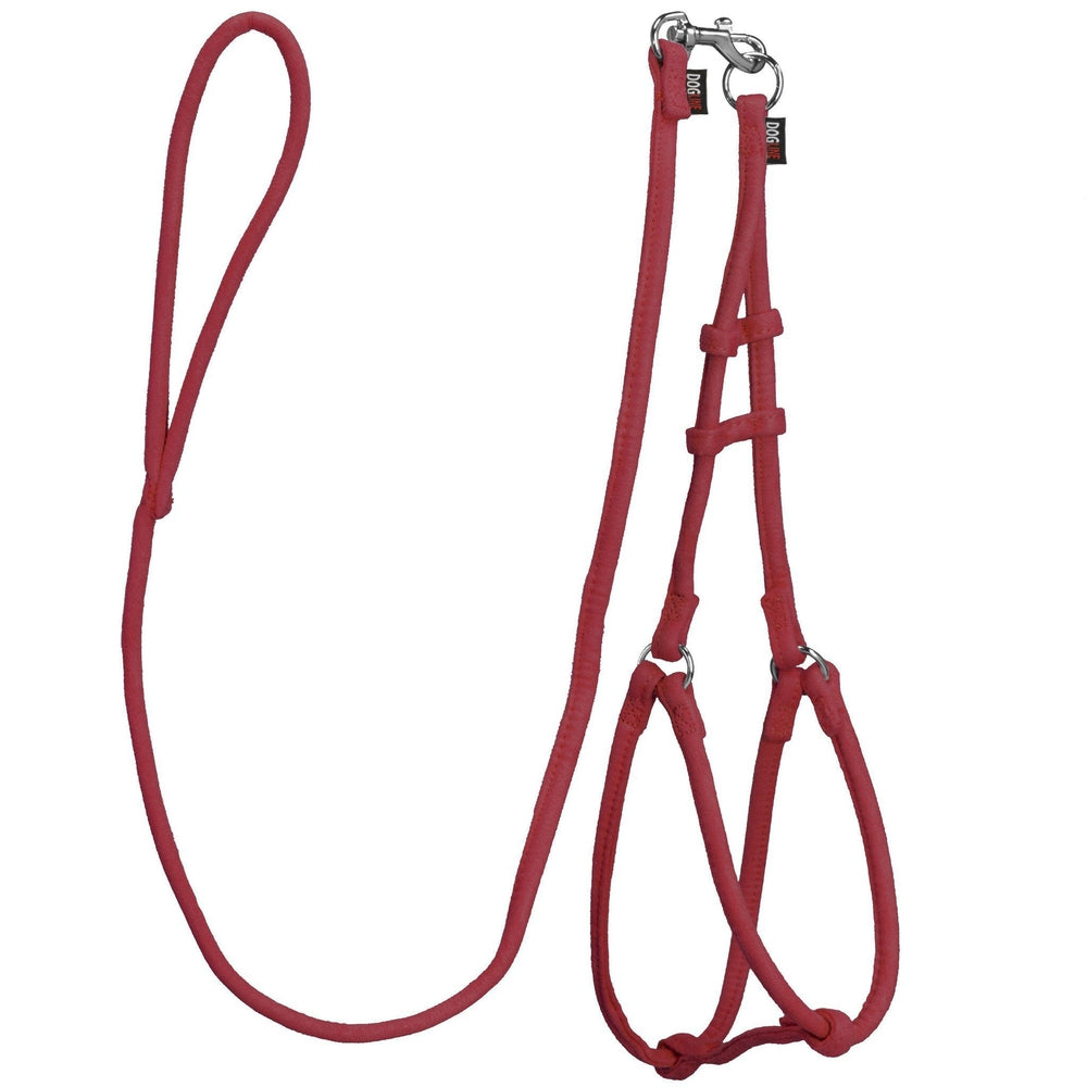 Red dog harness and dog leash set with metal hardware, made from soft microfiber, round design
