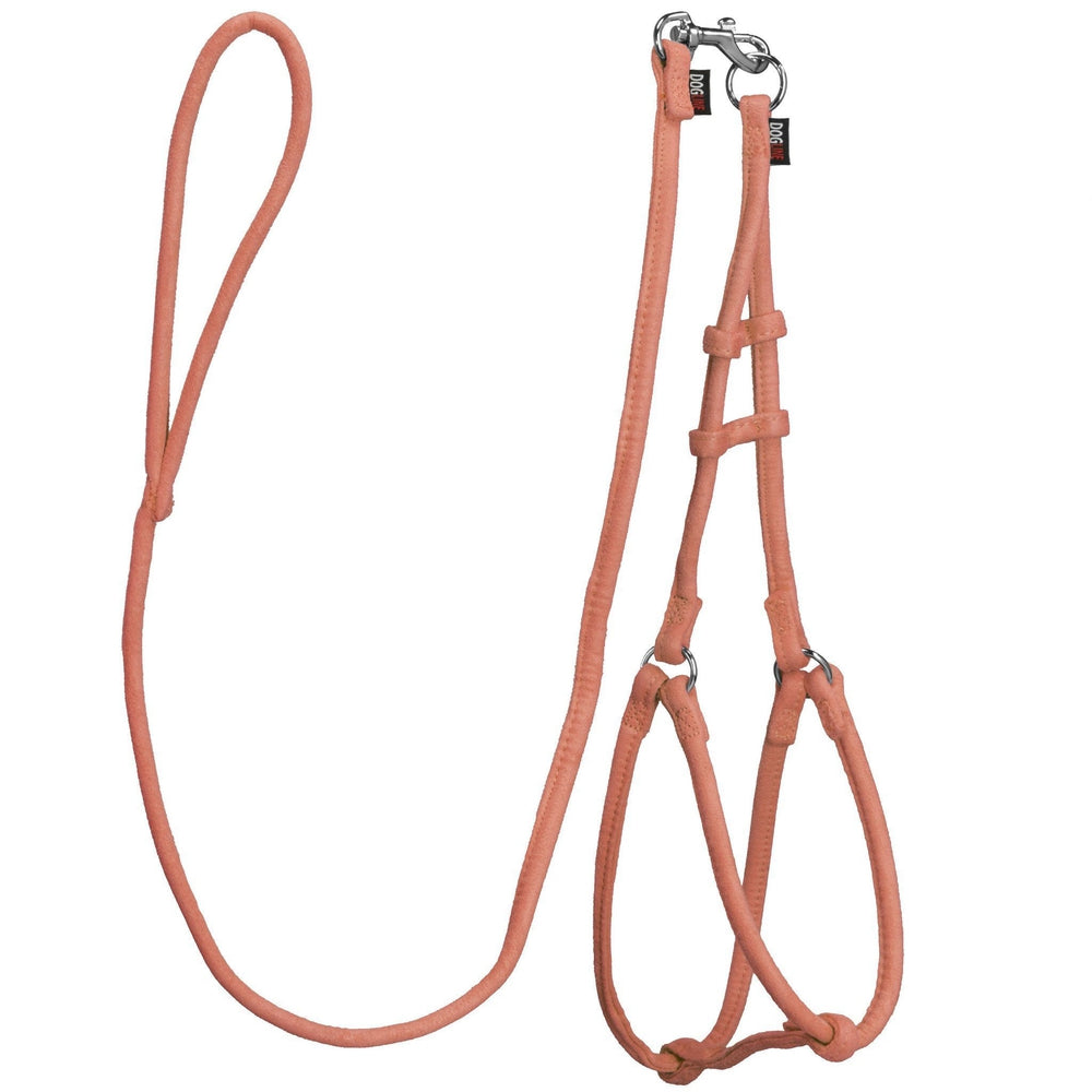 Orange dog harness and dog leash set with metal hardware, made from soft microfiber, round design
