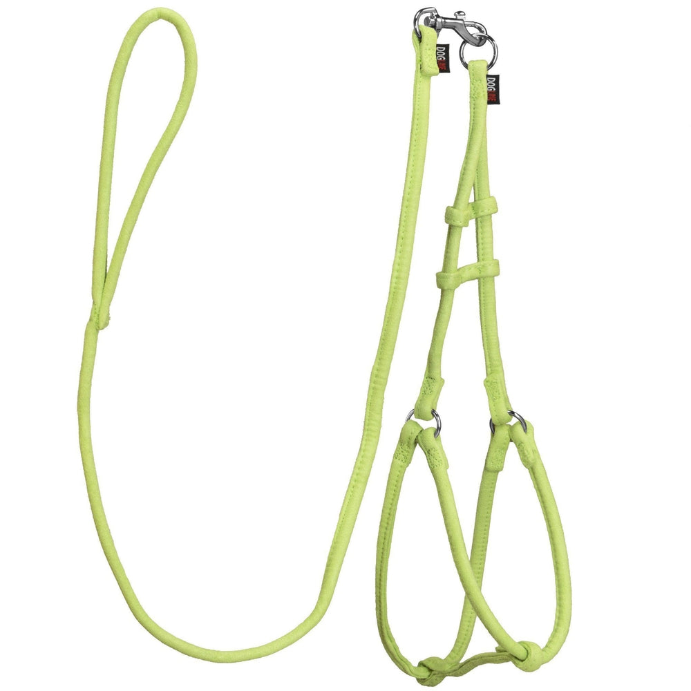 Lime green dog harness and dog leash set with metal hardware, made from soft microfiber, round design