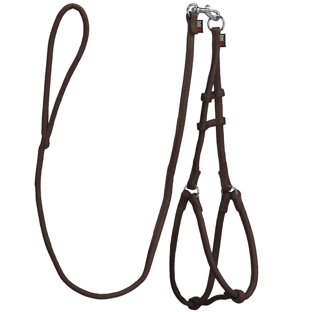 Brown dog harness and dog leash set with metal hardware, made from soft microfiber, round design
