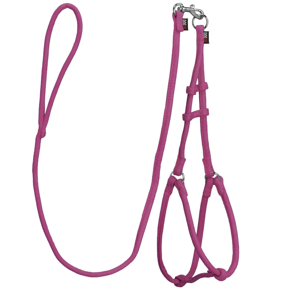 Pink dog harness and dog leash set with metal hardware, made from soft microfiber, round design