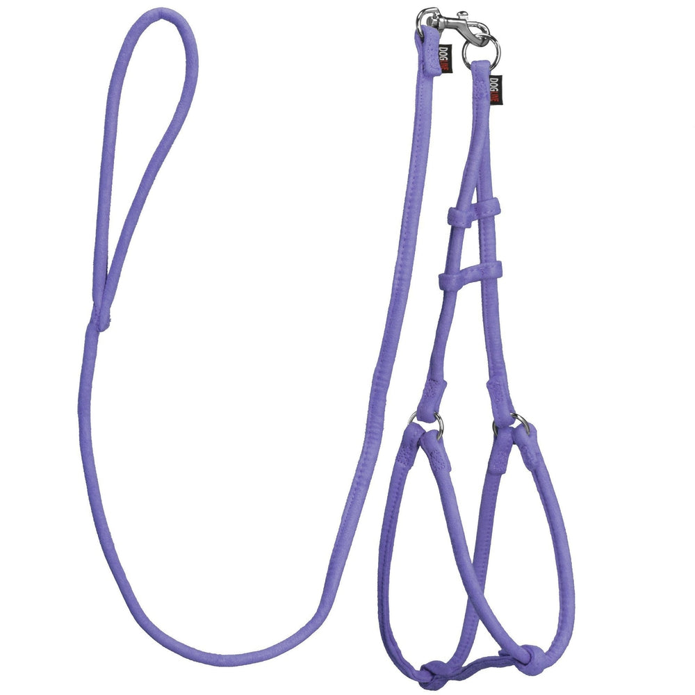 Purple dog harness and dog leash set with metal hardware, made from soft microfiber, round design