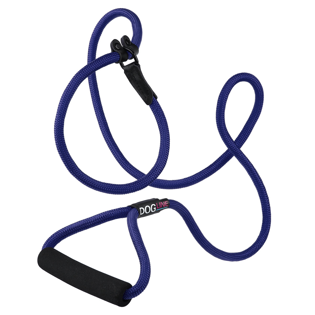 Navy blue nylon slip lead with padded neoprene handle, 1/2 inches wide, round rope design