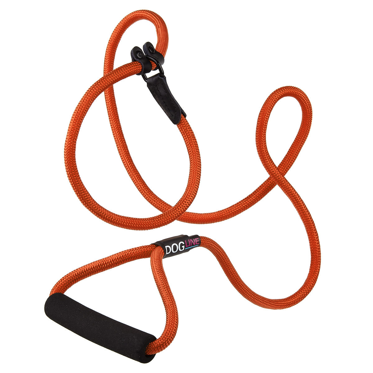 Orange nylon slip lead with padded neoprene handle, 1/2 inches wide, round rope design