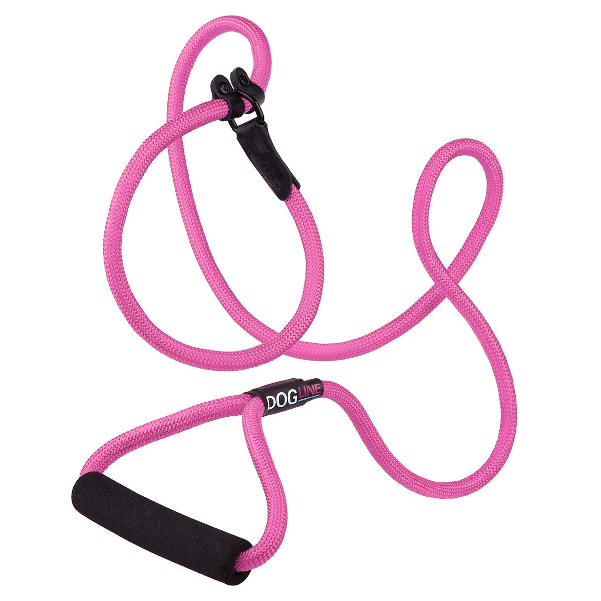 Pink nylon slip lead with padded neoprene handle, 1/2 inches wide, round rope design