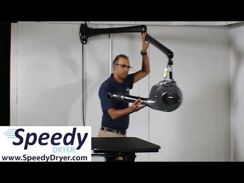 video showing how Speedy Dryer Rocket D-15 high-velocity pet dryer with 175 CFM airflow, 3-position heat control, and durable wall arm mount for space-saving grooming works