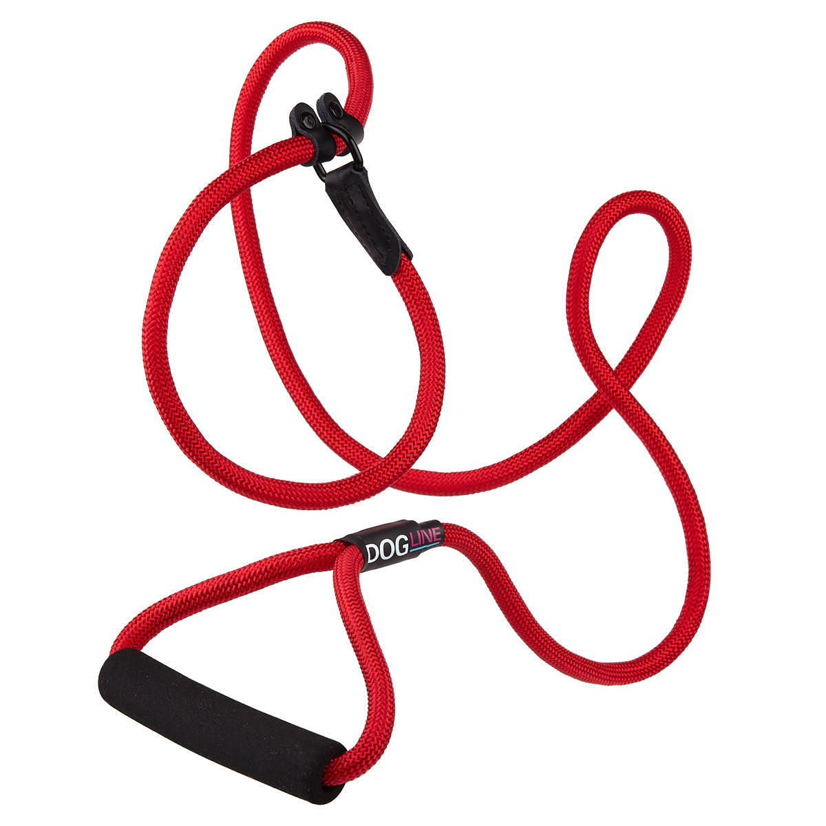 Red nylon slip lead with padded neoprene handle, 1/2 inches wide, round rope design