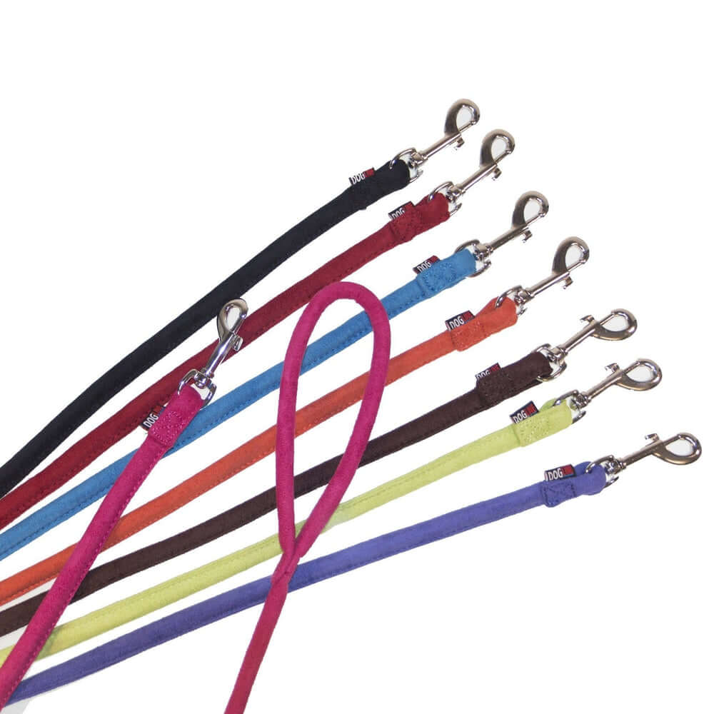 Fabric leash for dogs with metal snap hook, round design, made from microfiber, 8 color options