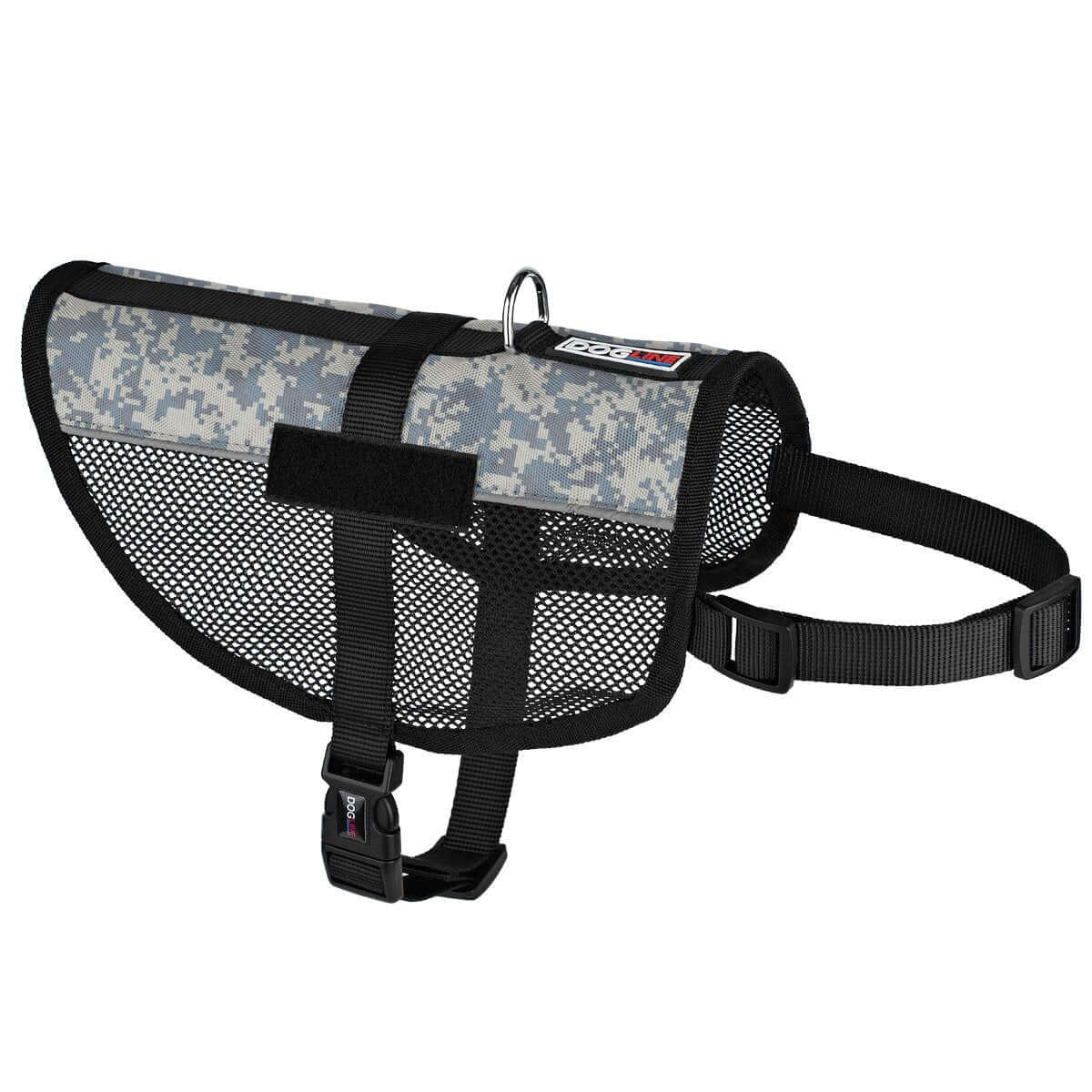 A display of a gray Soft, ventilated dog vest harness made with breathable mesh fabric