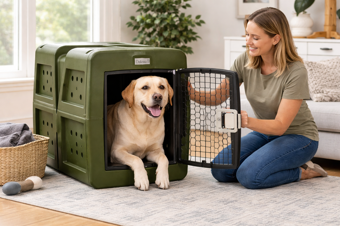 Golden Labradordog standing inside properly sized dog crate for comfort and training