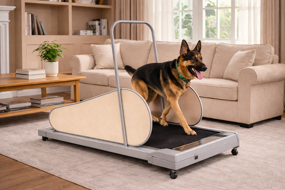 German Shepherd, running slowly on a dog exercise treadmill in a living room