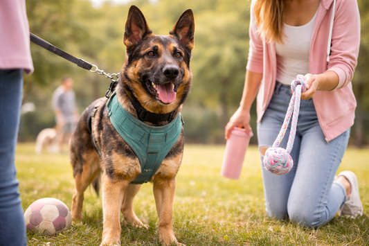 German Shepherd wearing a harness during leash training in a park with distractions illustrating E collar versus harness training comparison