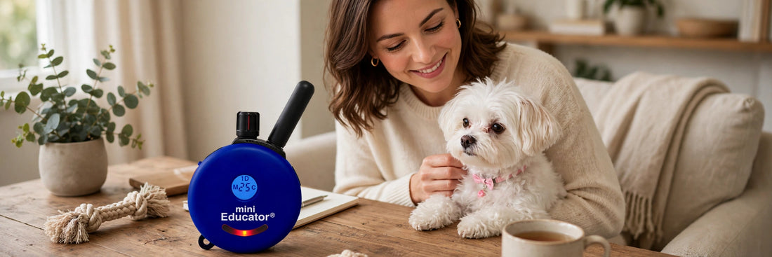 Woman with her small white dog at a table, blue ME-300 Micro Educator transmitter beside them
