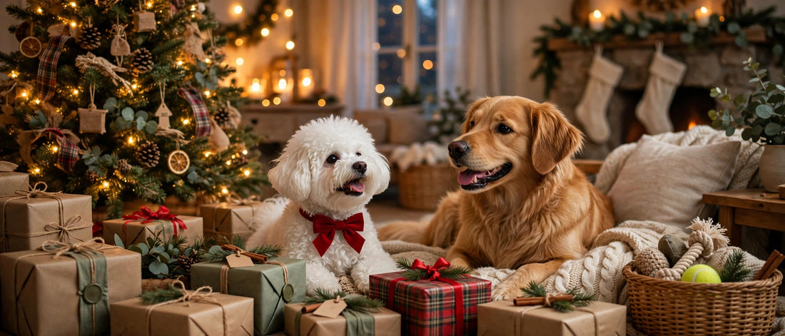 Two happy dogs with wrapped Christmas gifts by the tree