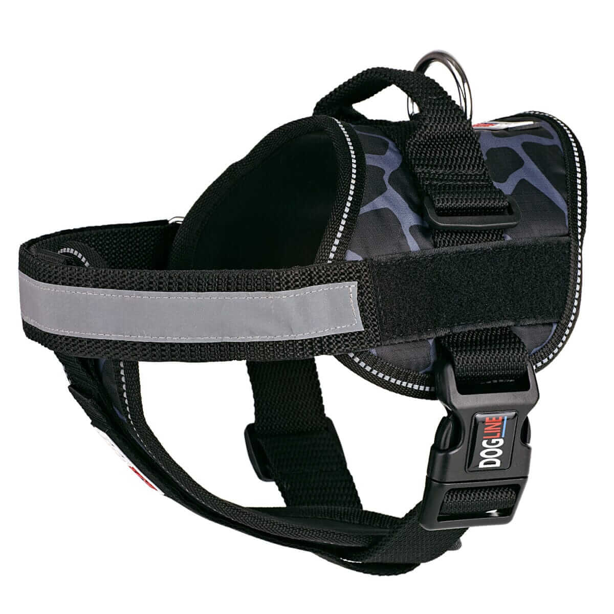 Dog harness displayed in a variety of colors including red, blue, and black