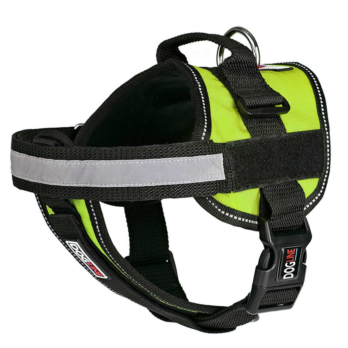 Dog harness displayed in a variety of colors including red, blue, and black